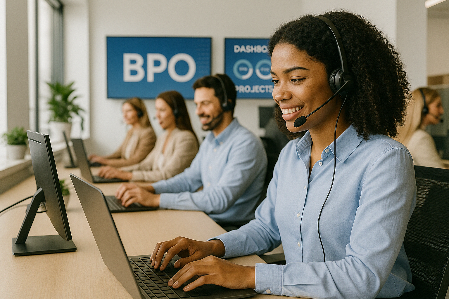 BPO team working in a modern nearshore office environment with headsets and laptops