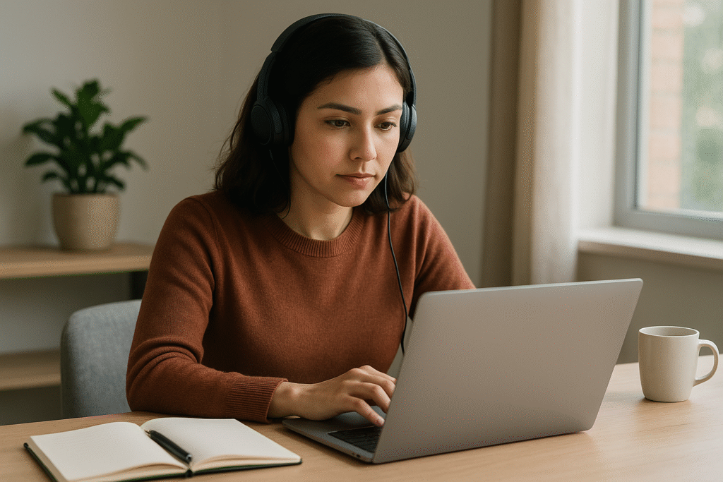 Virtual assistant working remotely from a modern home office setup
